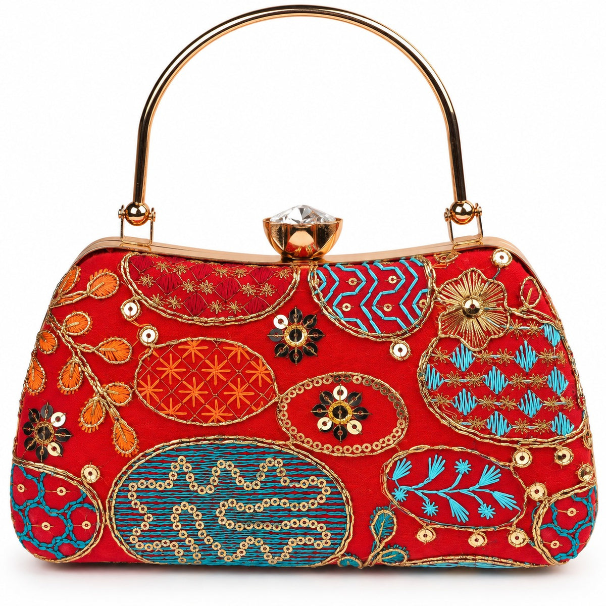 KarryQ Orange Red Sequin Oval Curved Frame Clutch