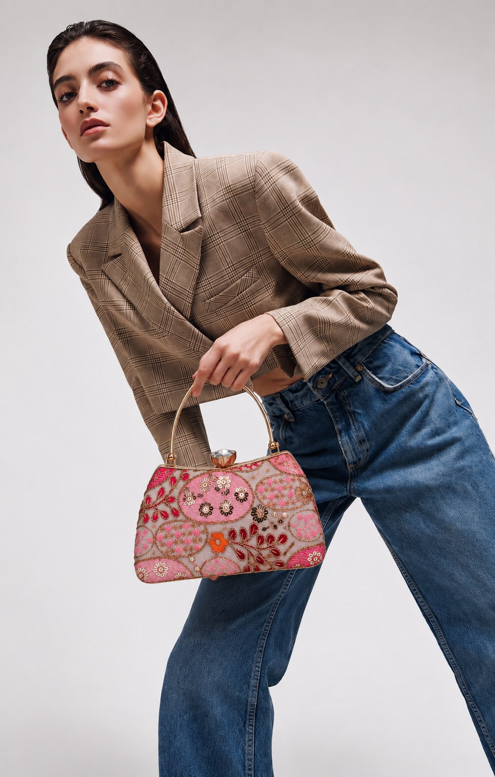 KarryQ Rose Pink Sequin Oval Curved Frame Clutch