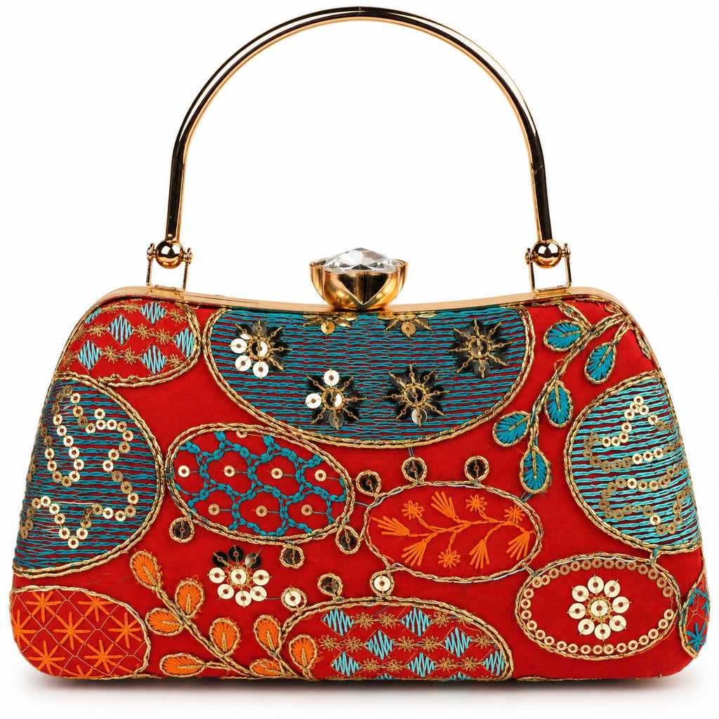 KarryQ Orange Red Sequin Oval Curved Frame Clutch