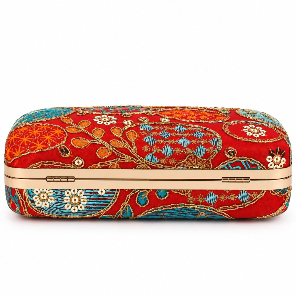 KarryQ Orange Red Sequin Oval Curved Frame Clutch