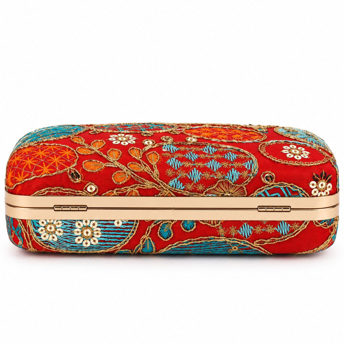 KarryQ Orange Red Sequin Oval Curved Frame Clutch