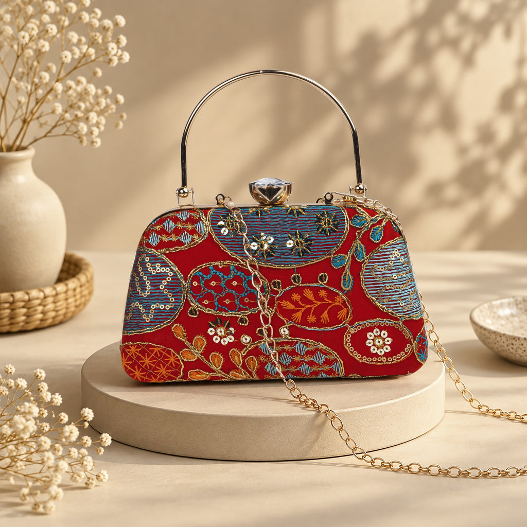 KarryQ Orange Red Sequin Oval Embroidered Curved Frame Clutch