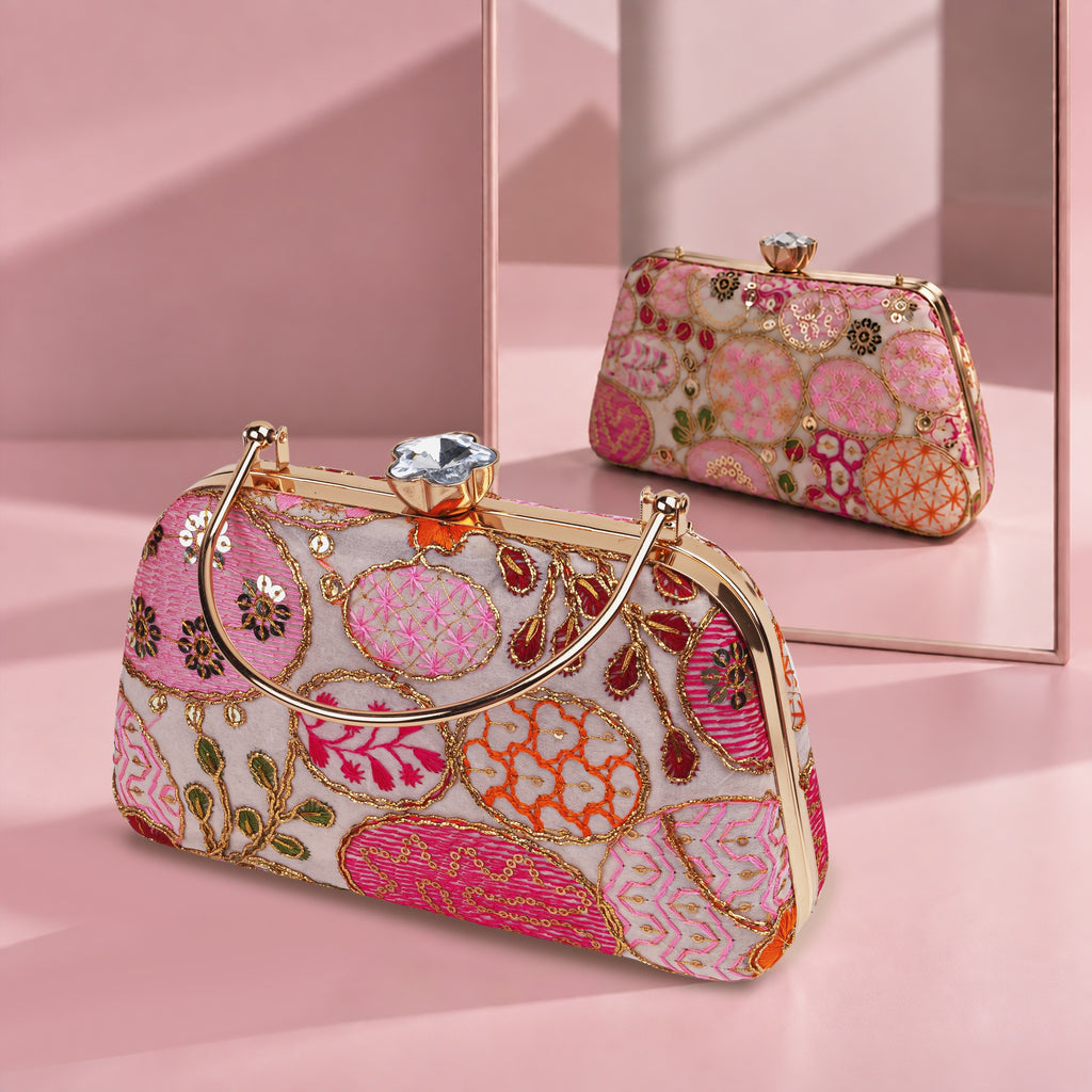 KarryQ Peach Sequin Oval Embroidered Curved Frame Clutch