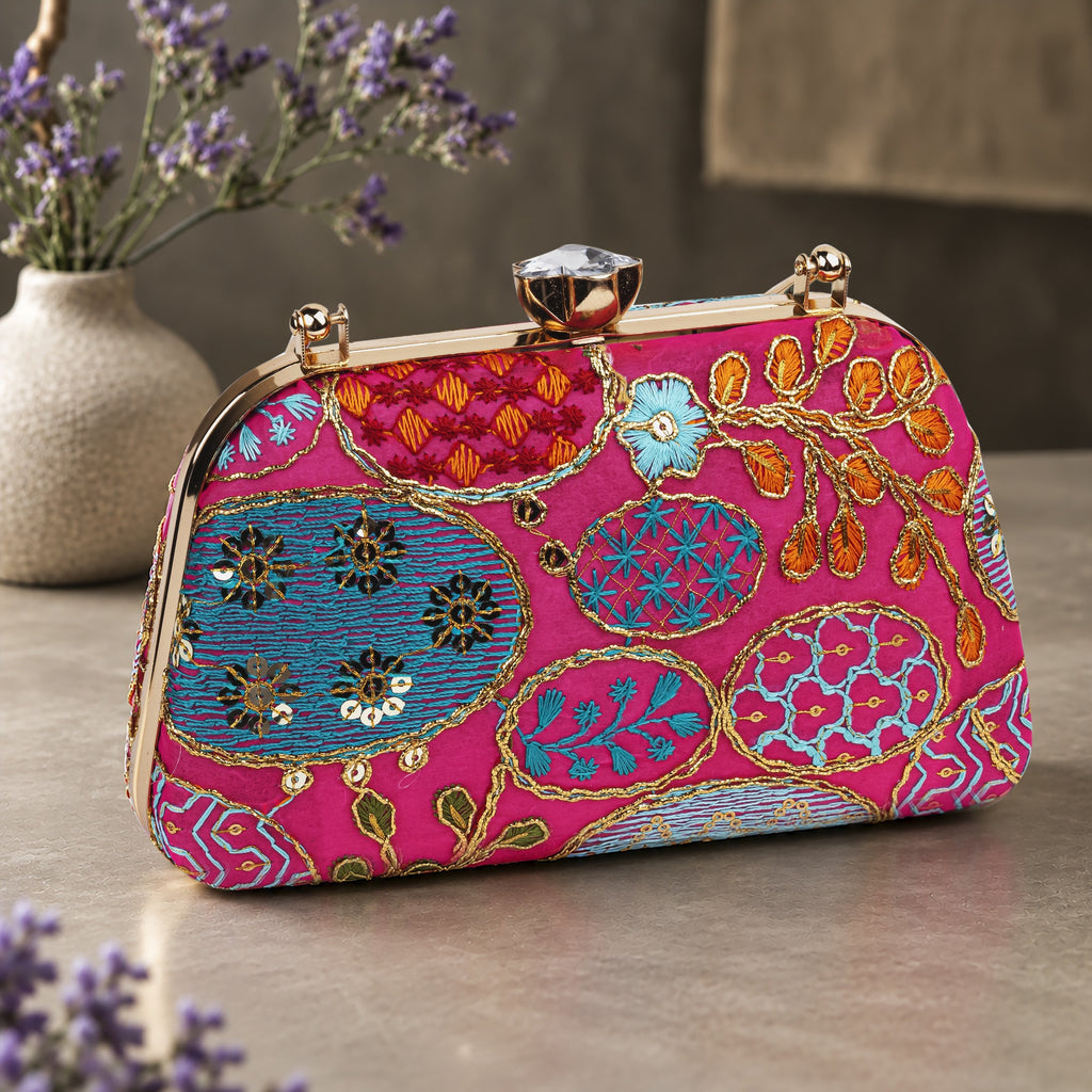 KarryQ Rani Pink Sequin Oval Embroidered Curved Frame Clutch