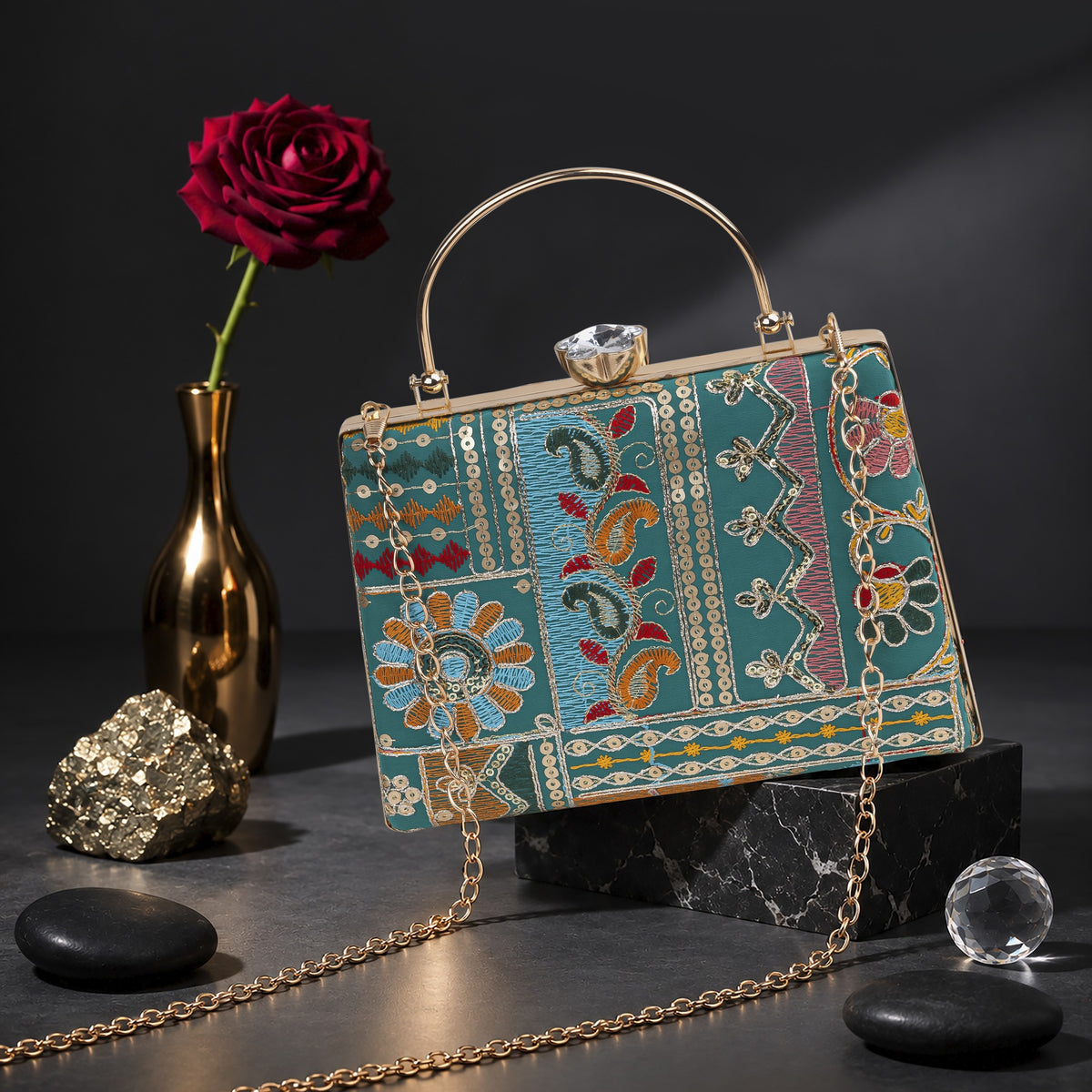 KarryQ Teal Blue Patchwork Embroidered Frame Handbag