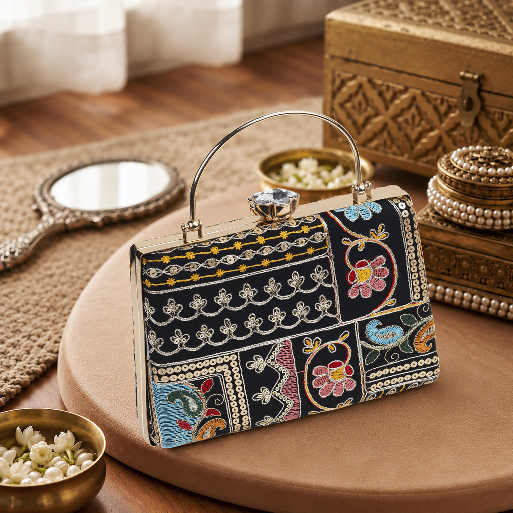 KarryQ Black Patchwork Paisley Embroidered Frame Handbag