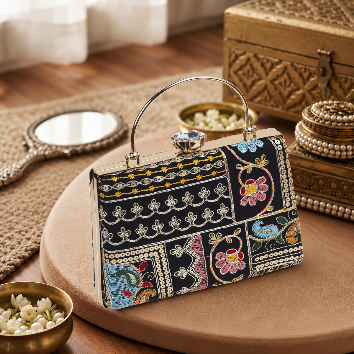 KarryQ Black Patchwork Paisley Embroidered Frame Handbag