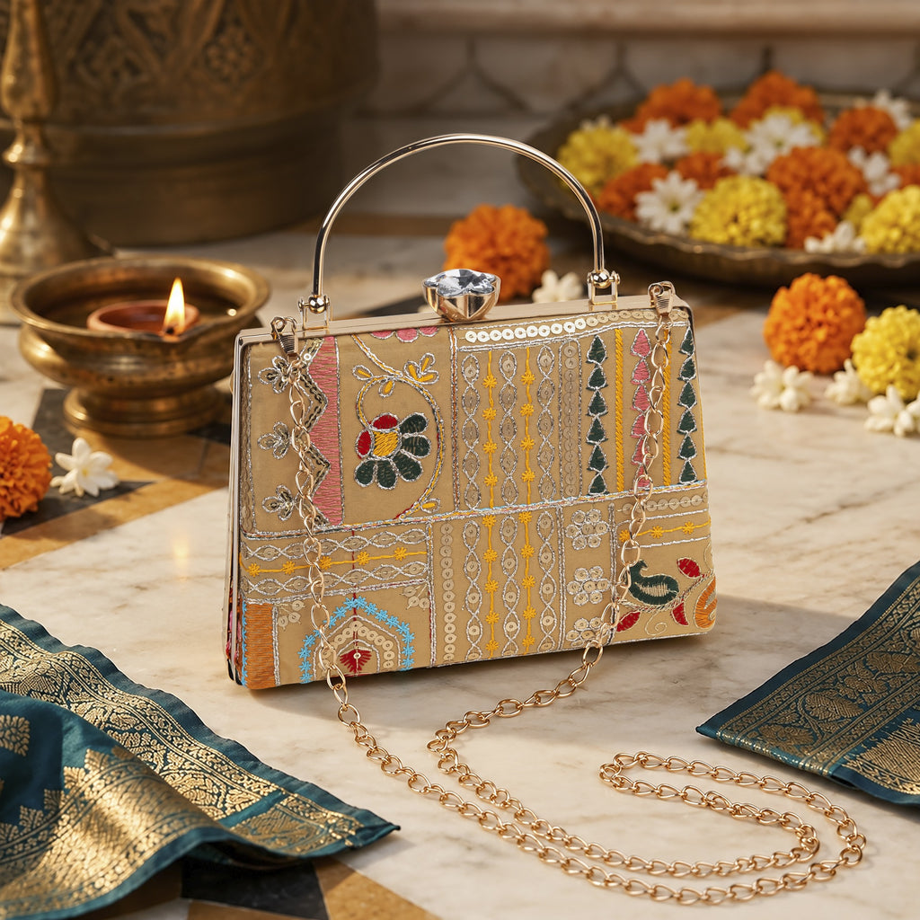 KarryQ Beige Patchwork Embroidered Frame Handbag