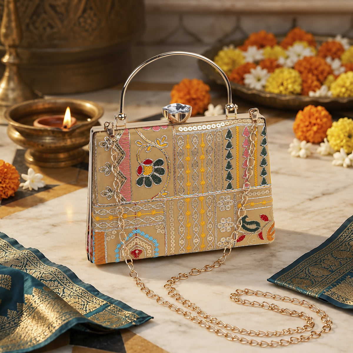 KarryQ Beige Patchwork Embroidered Frame Handbag