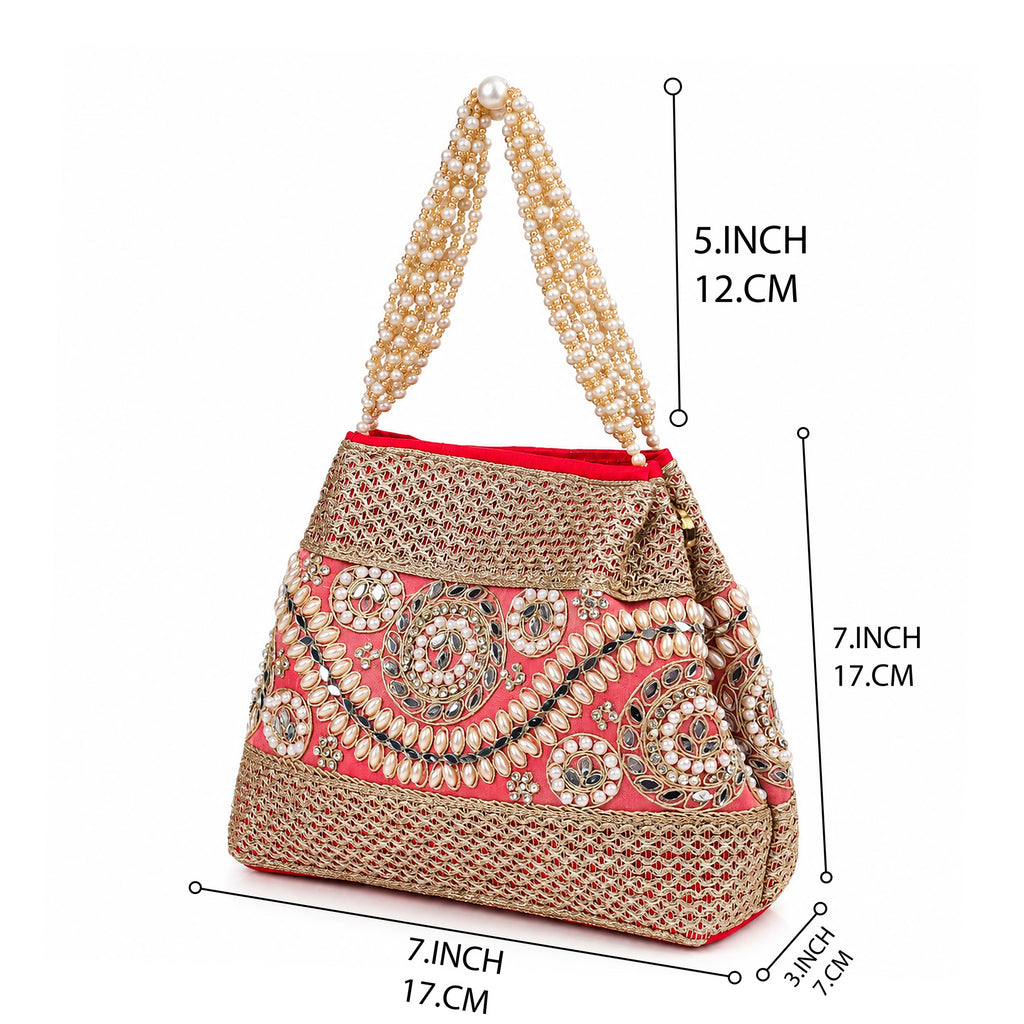 KarryQ Coral Pink Stone Work Pearl Handle Potli Bag