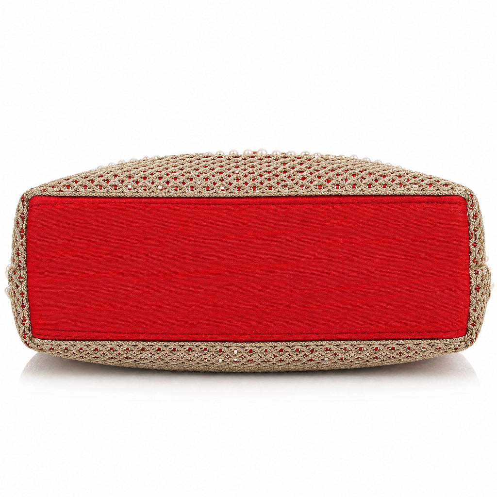 KarryQ Coral Pink Stone Work Pearl Handle Potli Bag