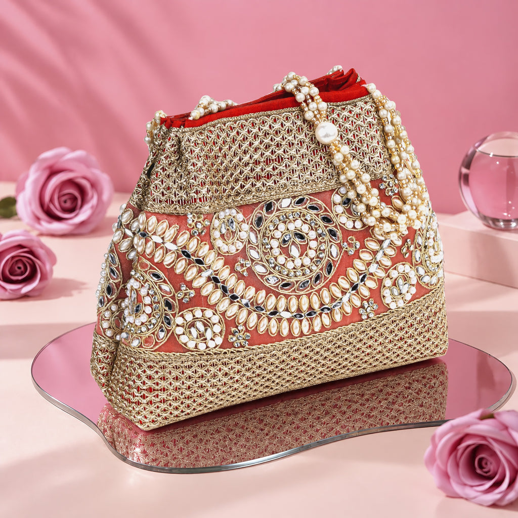 KarryQ Coral Pink Stone Work Pearl Handle Potli Bag