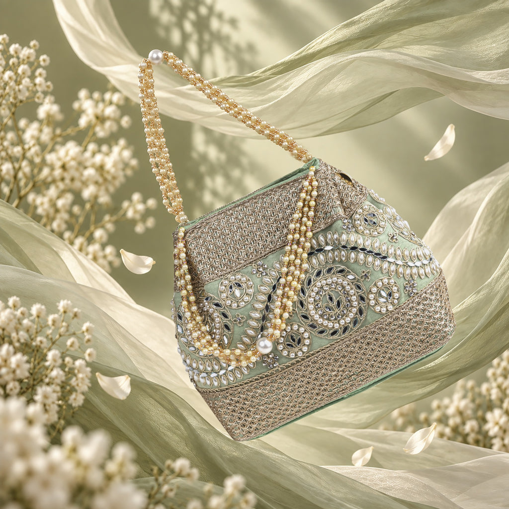 KarryQ Mint Green Stone Work Pearl Handle Potli Bag