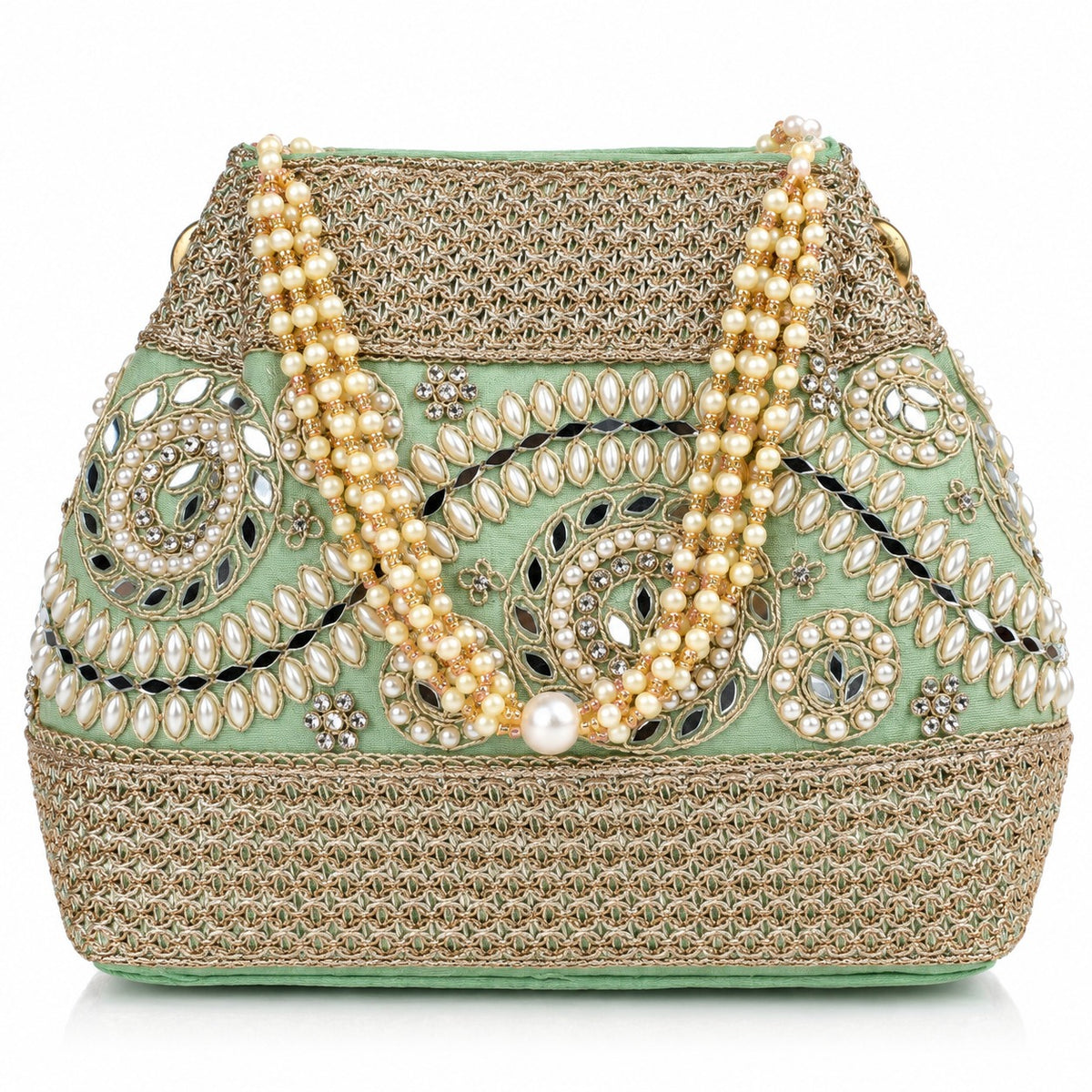 KarryQ Mint Green Stone Work Pearl Handle Potli Bag