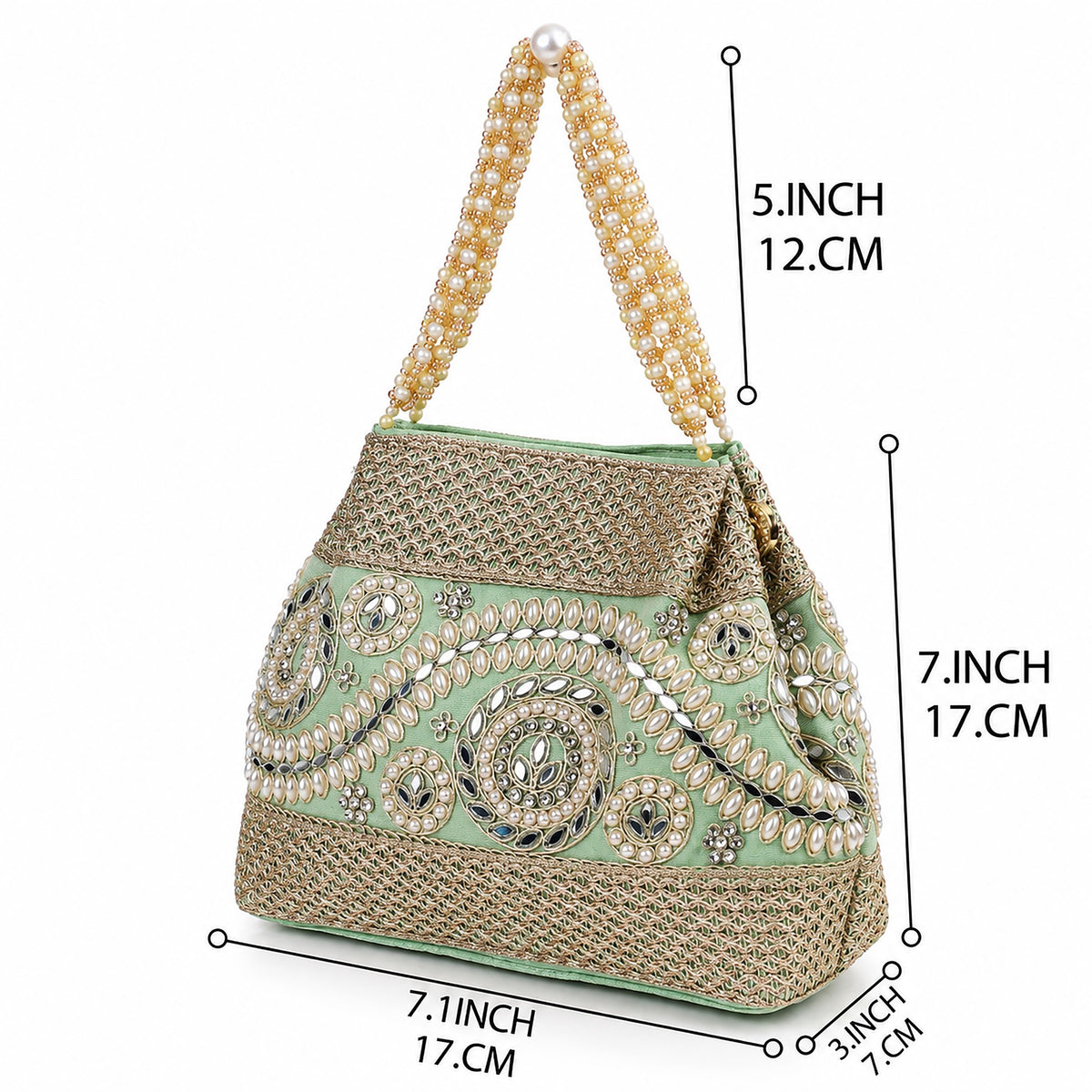KarryQ Mint Green Stone Work Pearl Handle Potli Bag
