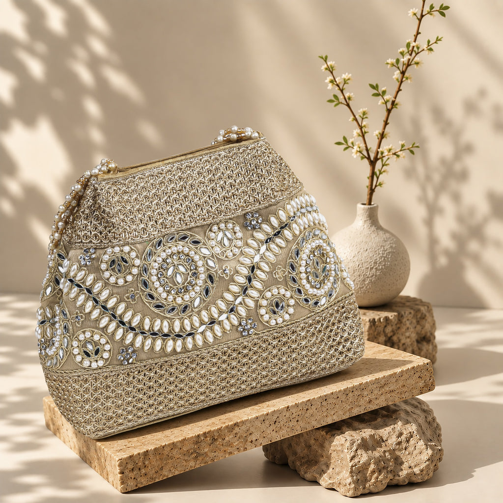 KarryQ Silver Grey Stone Work Pearl Handle Potli Bag