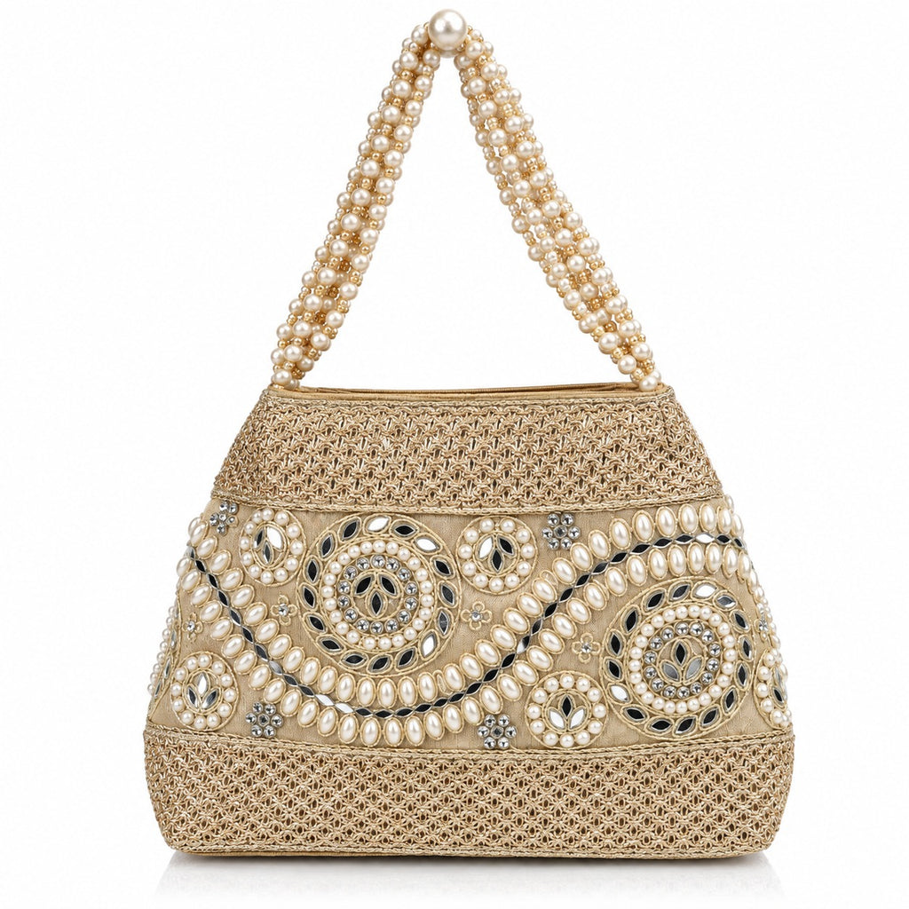 KarryQ Silver Grey Stone Work Pearl Handle Potli Bag