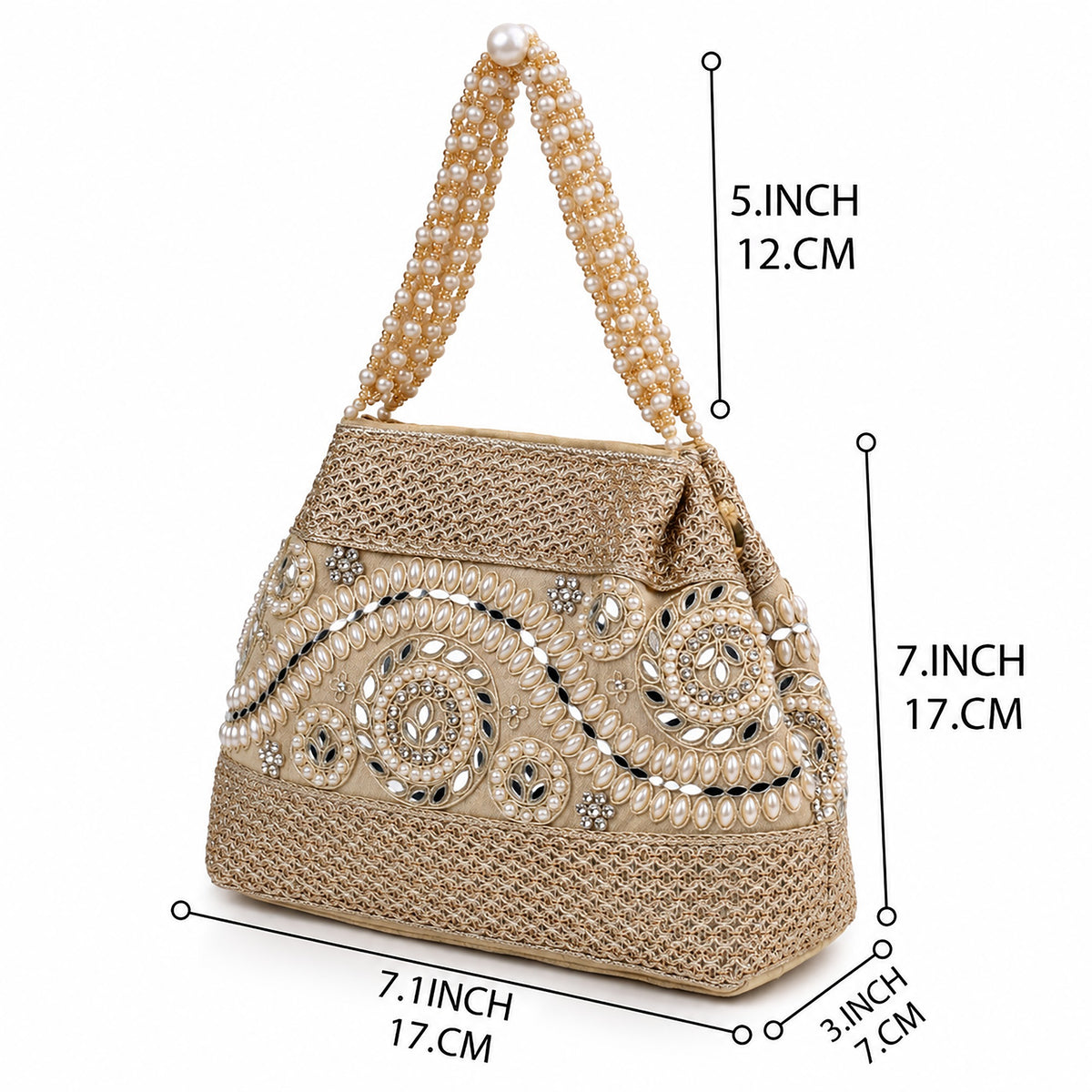 KarryQ Silver Grey Stone Work Pearl Handle Potli Bag