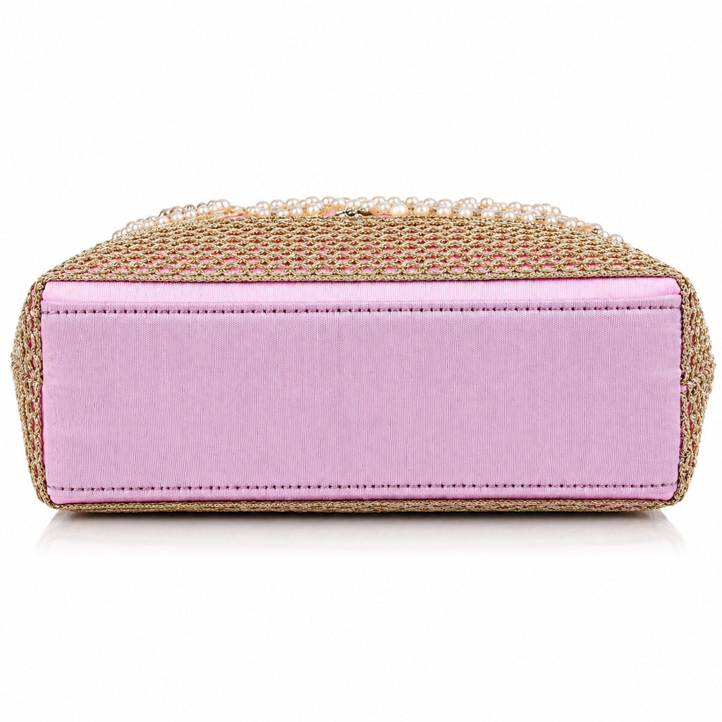 KarryQ Baby Pink Stone Work Pearl Handle Potli Bag