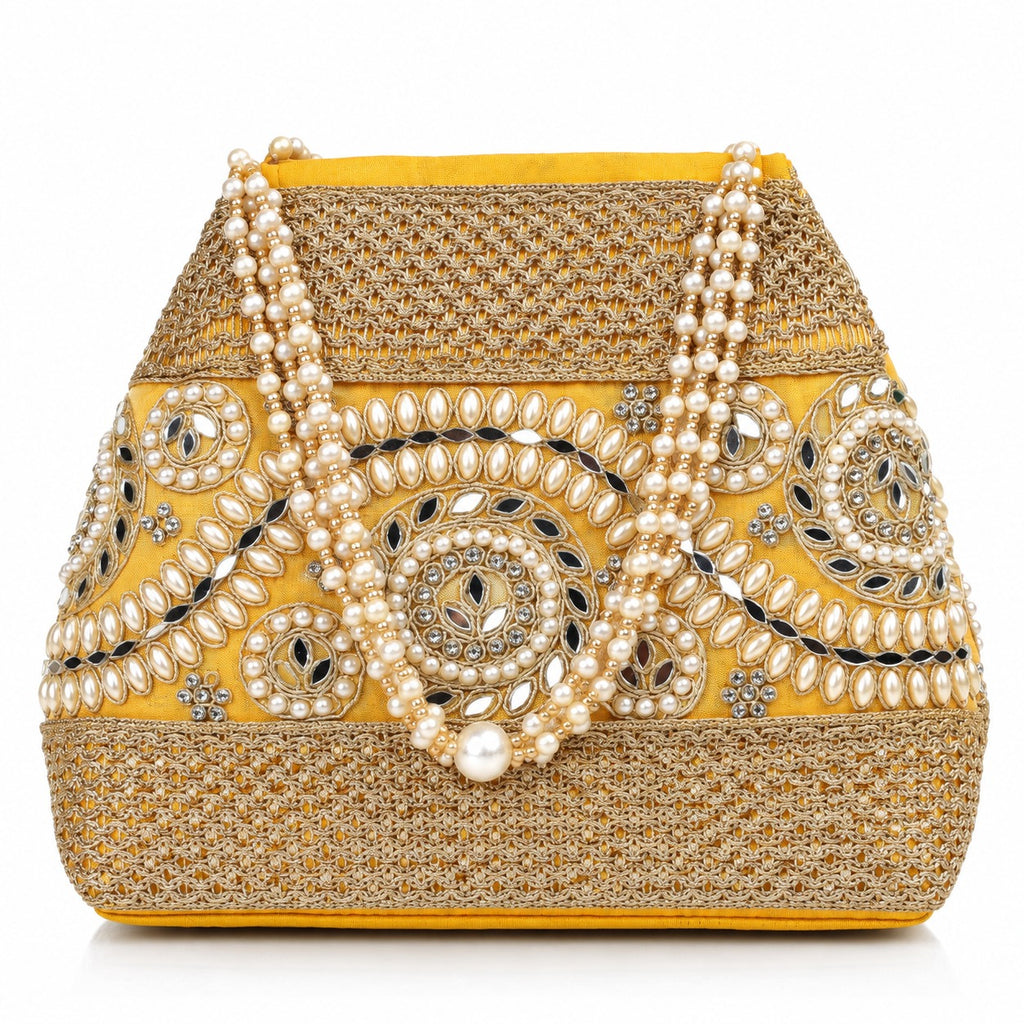 KarryQ Golden Stone Work Pearl Handle Potli Bag