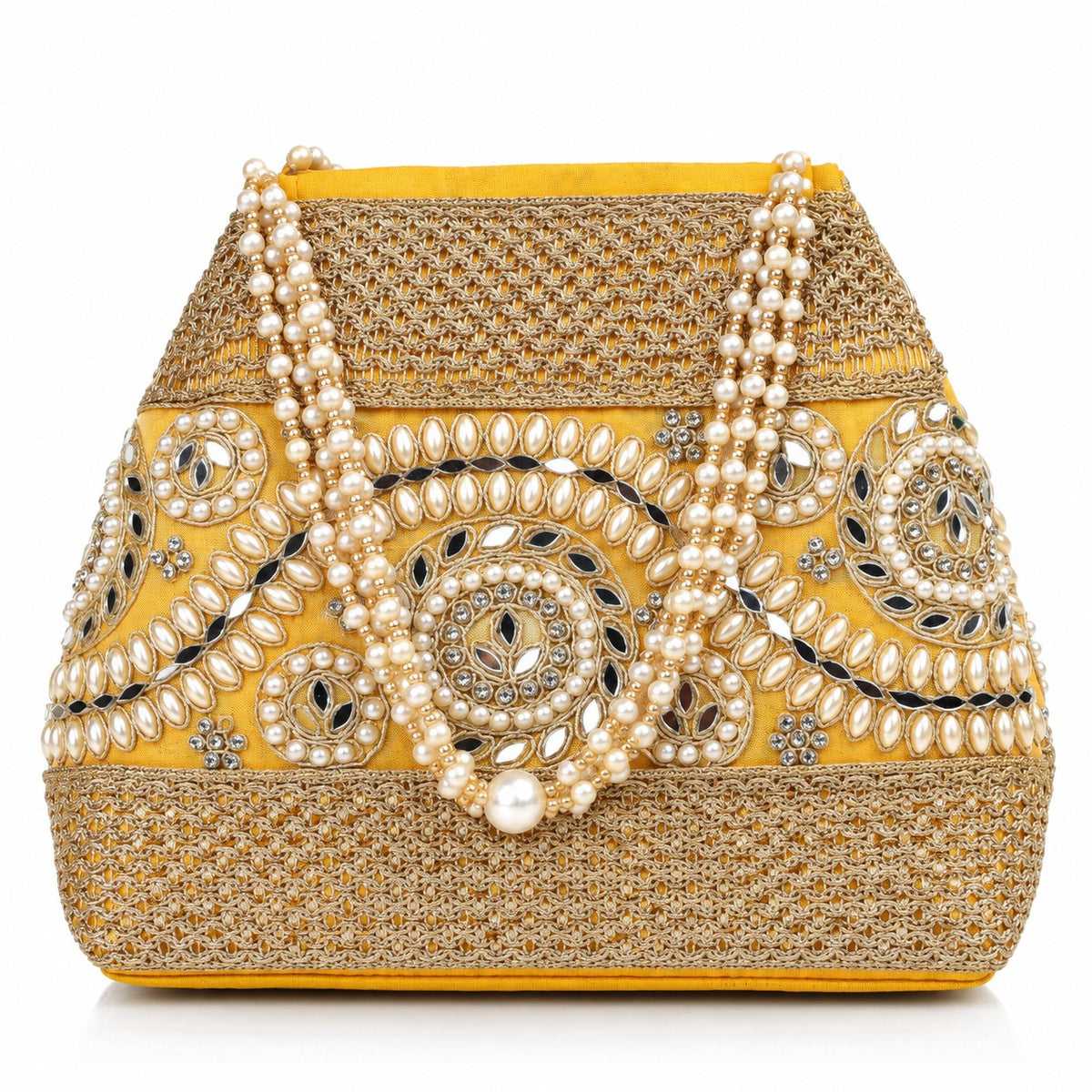KarryQ Golden Stone Work Pearl Handle Potli Bag
