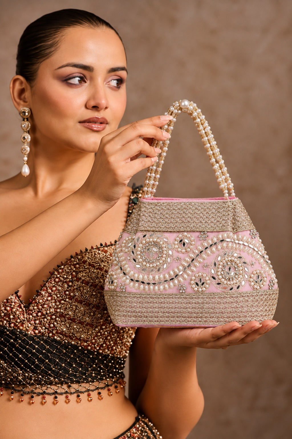 KarryQ Baby Pink Stone Work Pearl Handle Potli Bag