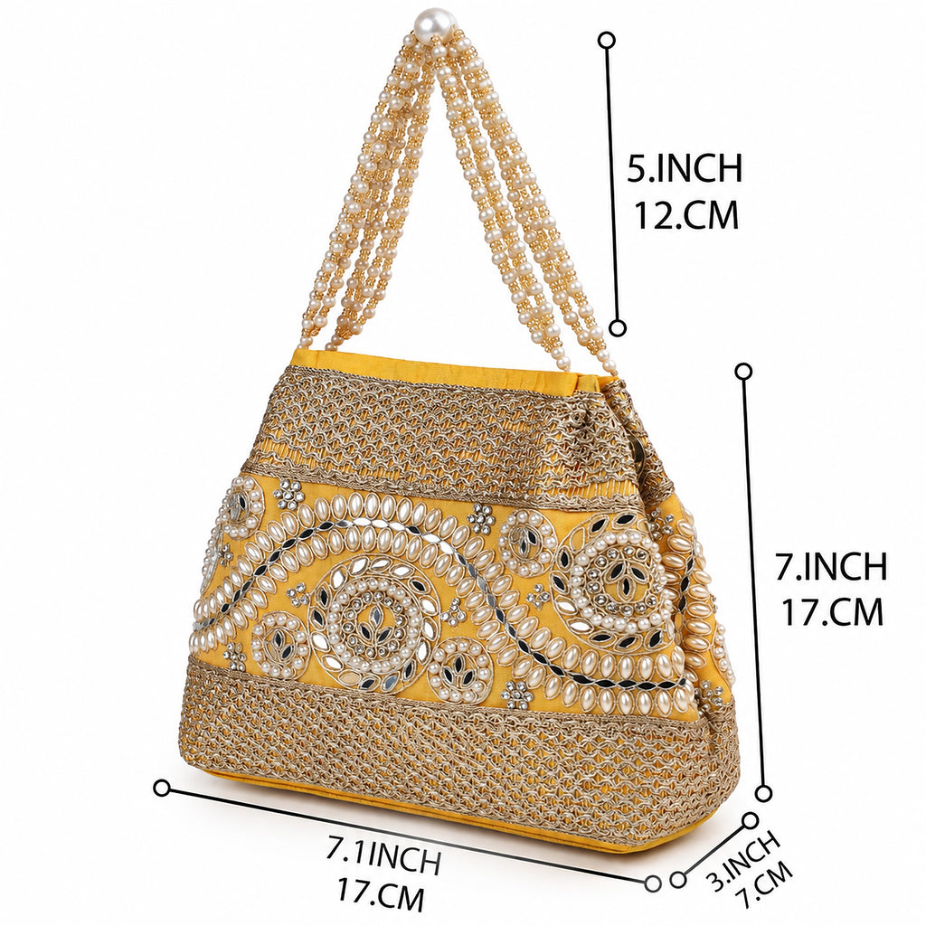 KarryQ Golden Stone Work Pearl Handle Potli Bag