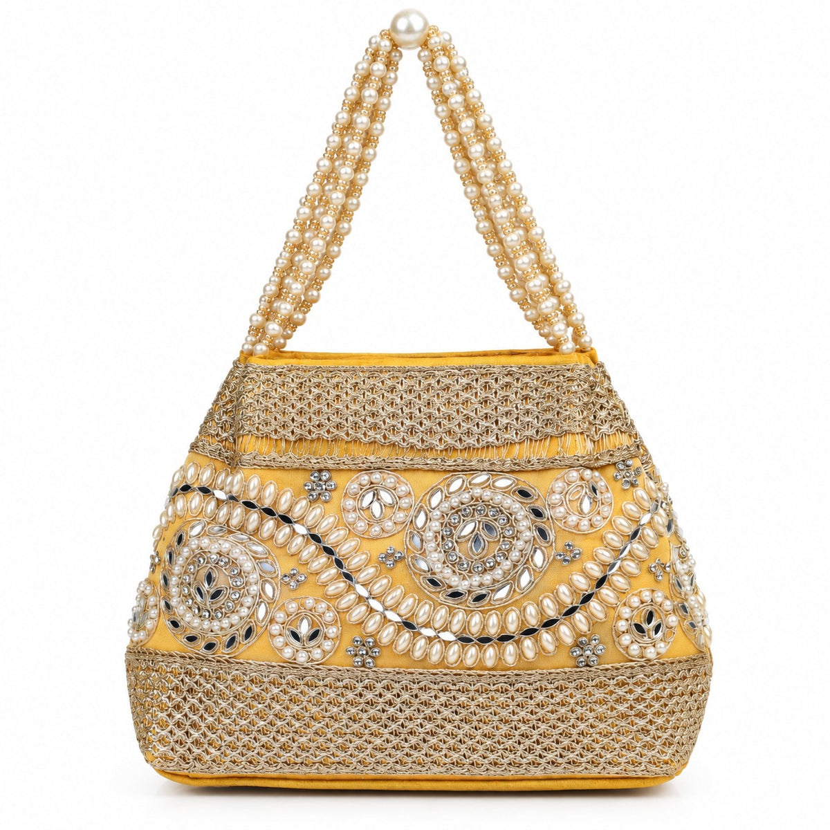 KarryQ Golden Stone Work Pearl Handle Potli Bag