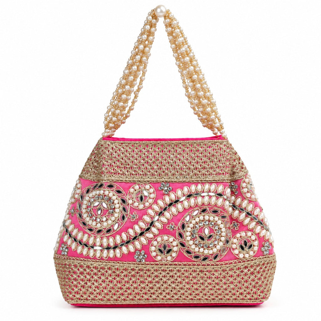 KarryQ Hot Pink Stone Work Pearl Handle Potli Bag