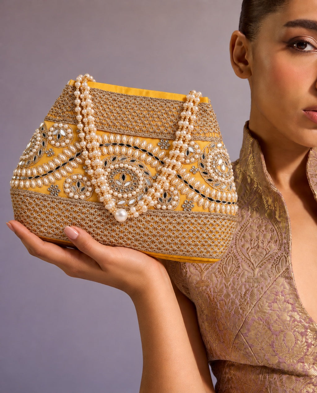 KarryQ Golden Stone Work Pearl Handle Potli Bag