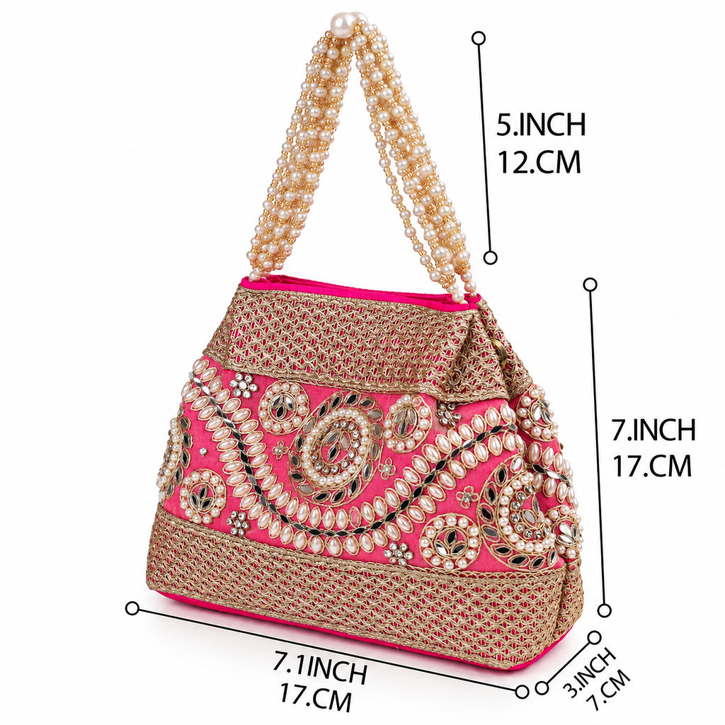 KarryQ Hot Pink Stone Work Pearl Handle Potli Bag