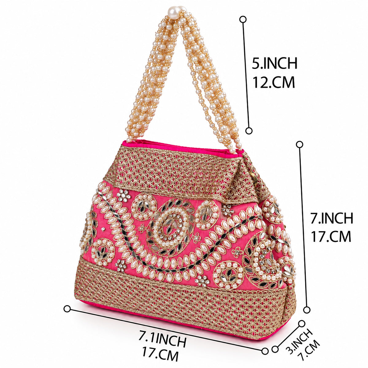 KarryQ Hot Pink Stone Work Pearl Handle Potli Bag