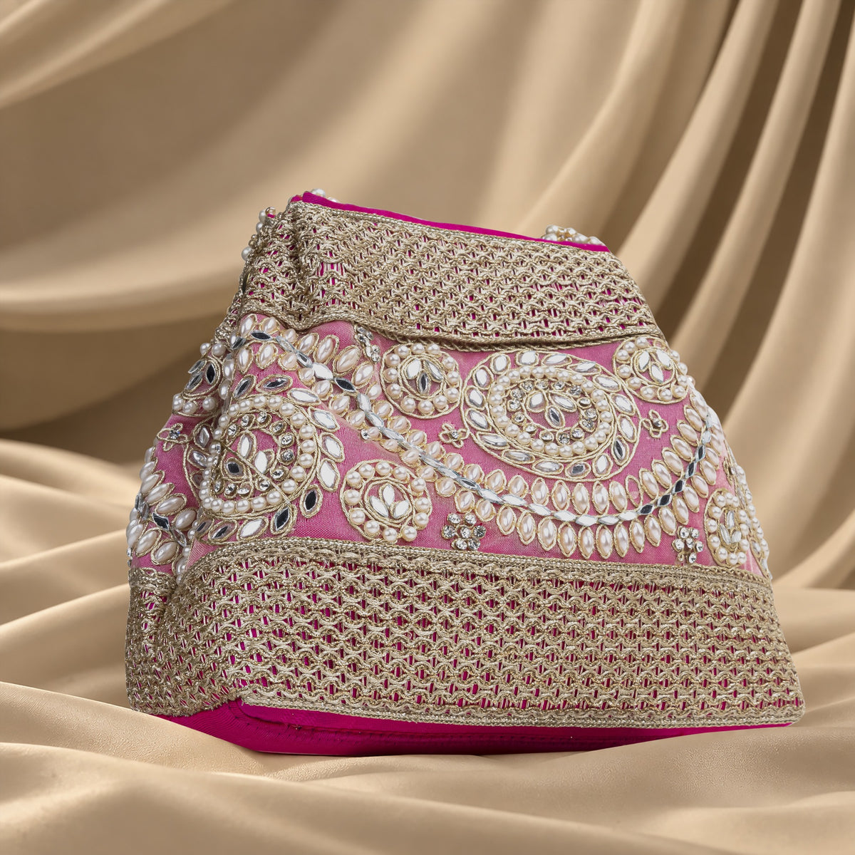 KarryQ Hot Pink Stone Work Pearl Handle Potli Bag