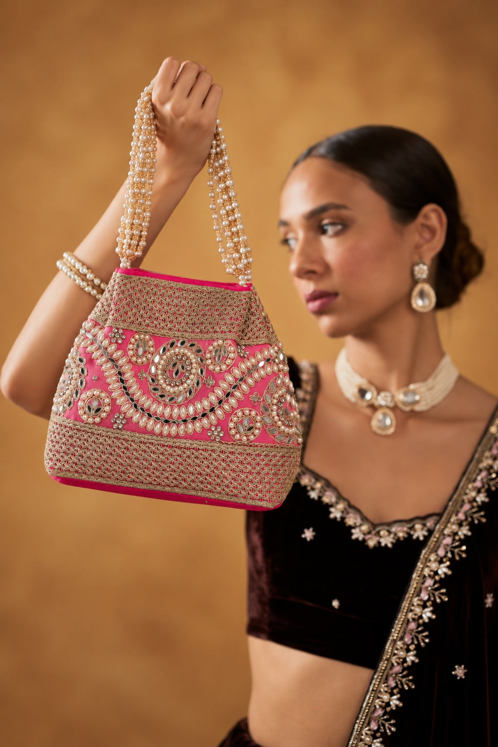 KarryQ Hot Pink Stone Work Pearl Handle Potli Bag