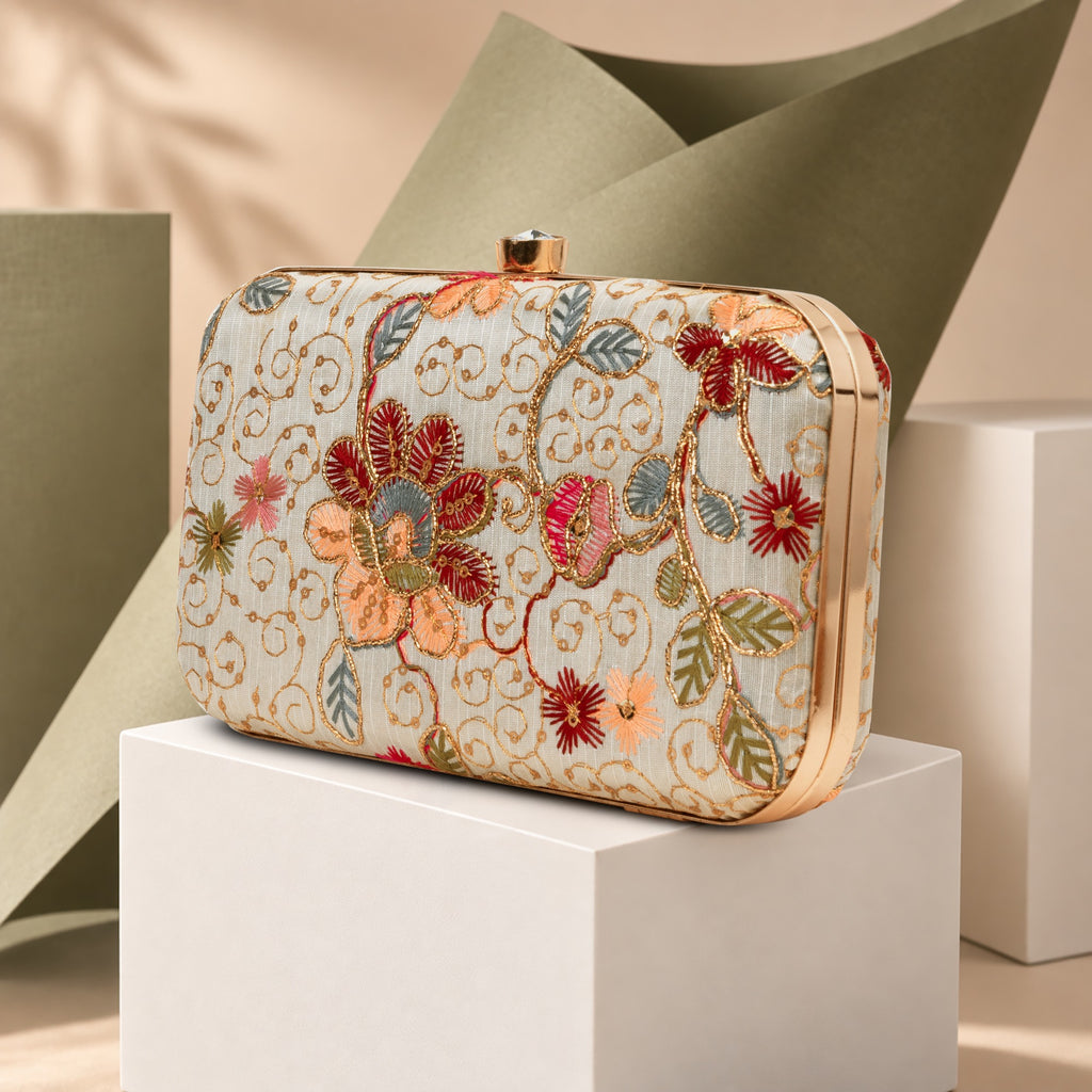 KarryQ Ivory Floral Embroidered Hard Case Box Clutch