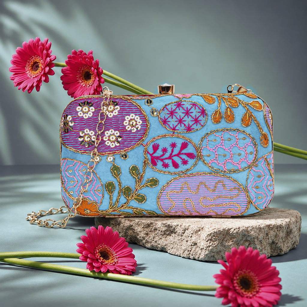 KarryQ Sky Blue Sequin Oval Embroidered Hard Case Box Clutch