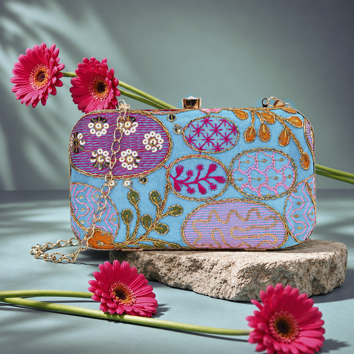 KarryQ Sky Blue Sequin Oval Embroidered Hard Case Box Clutch