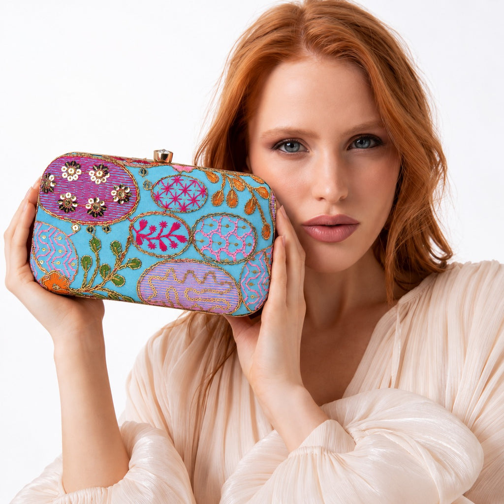 KarryQ Sky Blue Sequin Oval Box Clutch Purse
