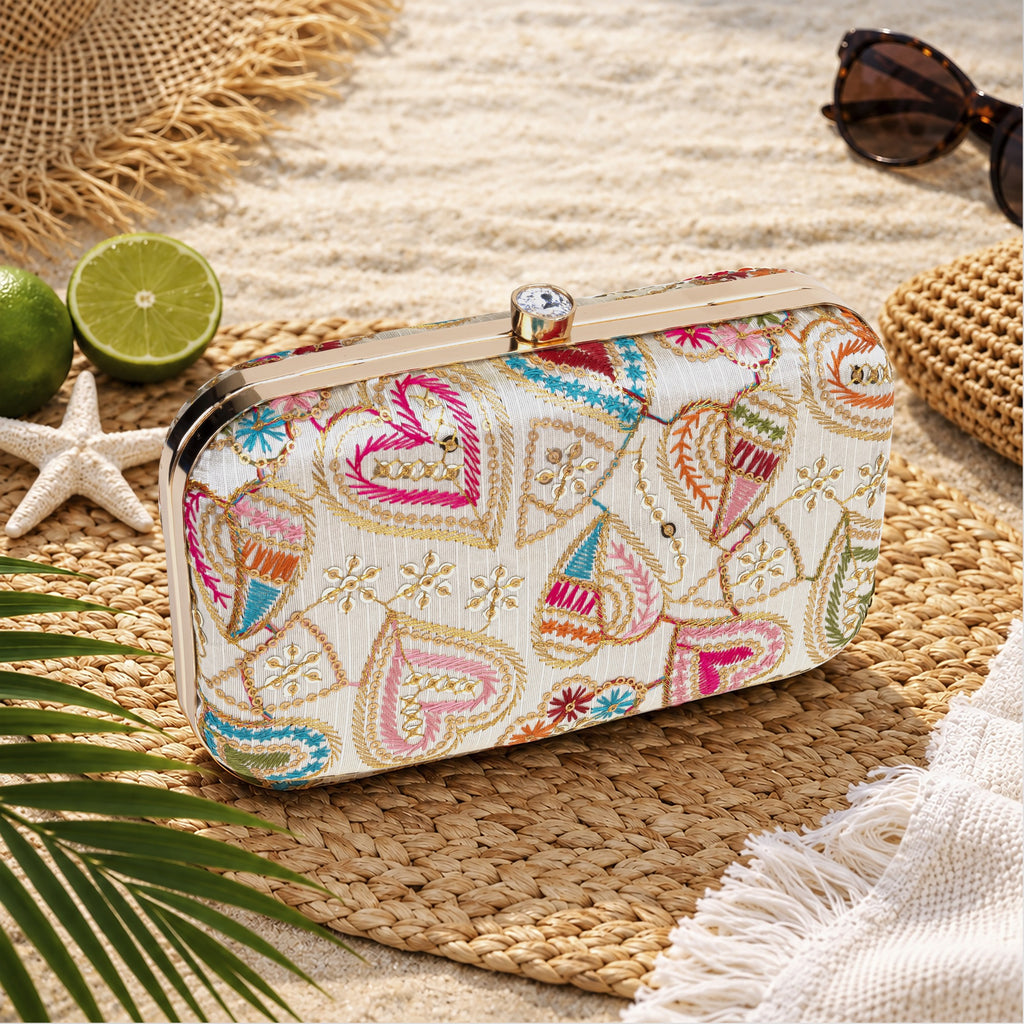 KarryQ Ivory Heart Paisley Embroidered Hard Case Box Clutch