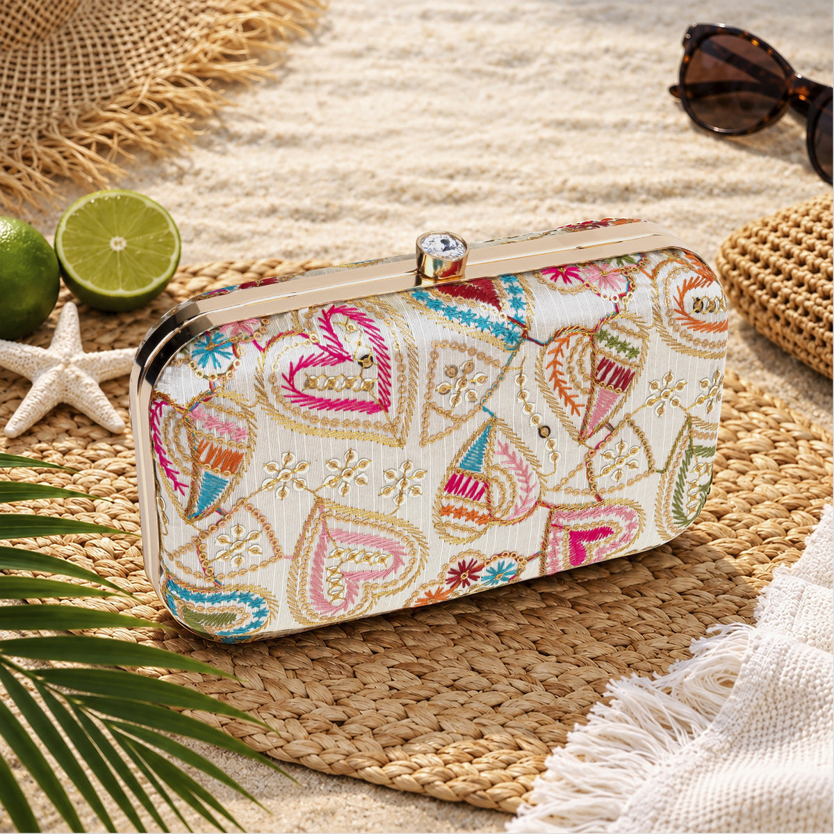 KarryQ Ivory Heart Paisley Embroidered Hard Case Box Clutch