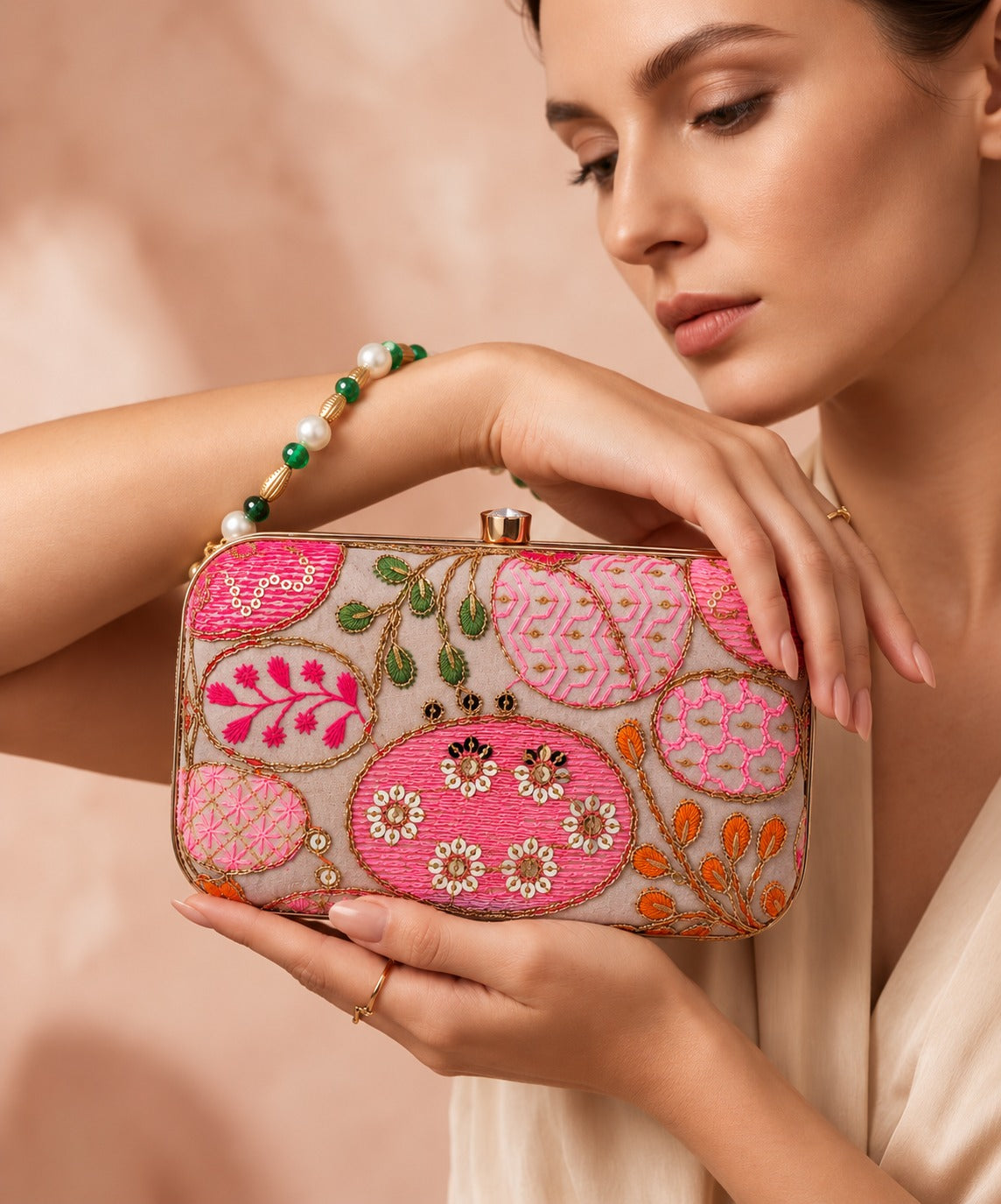 KarryQ Cream Pink Sequin Oval Embroidered Hard Case Box Clutch