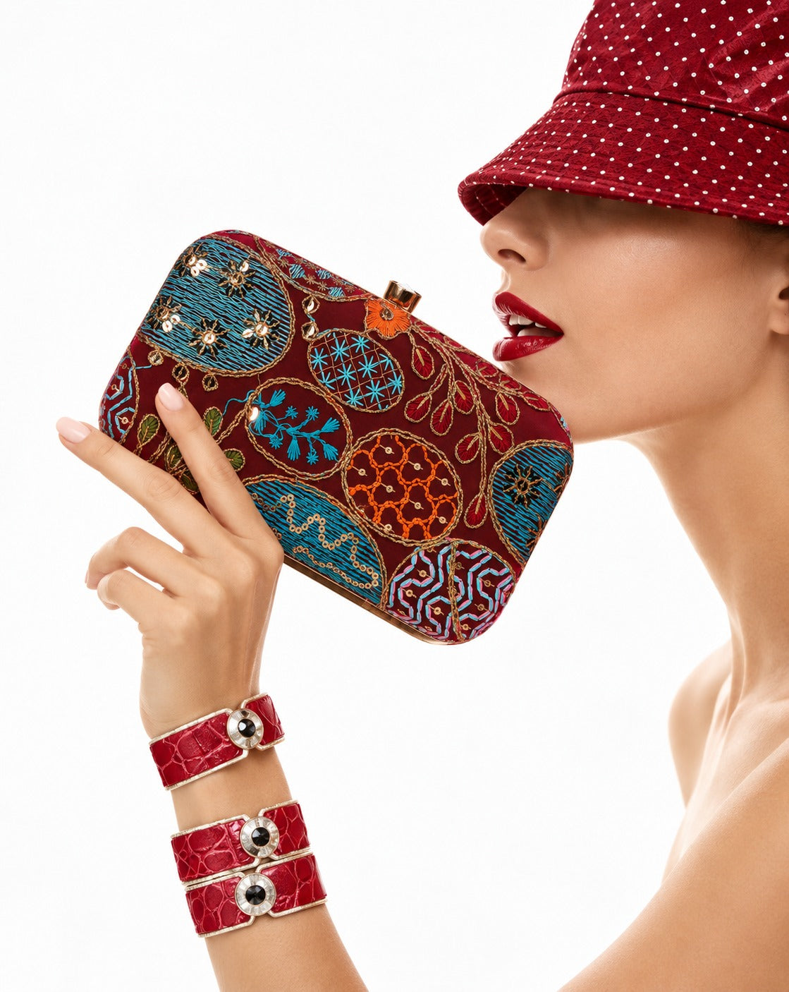 KarryQ Maroon Sequin Oval Box Clutch Purse