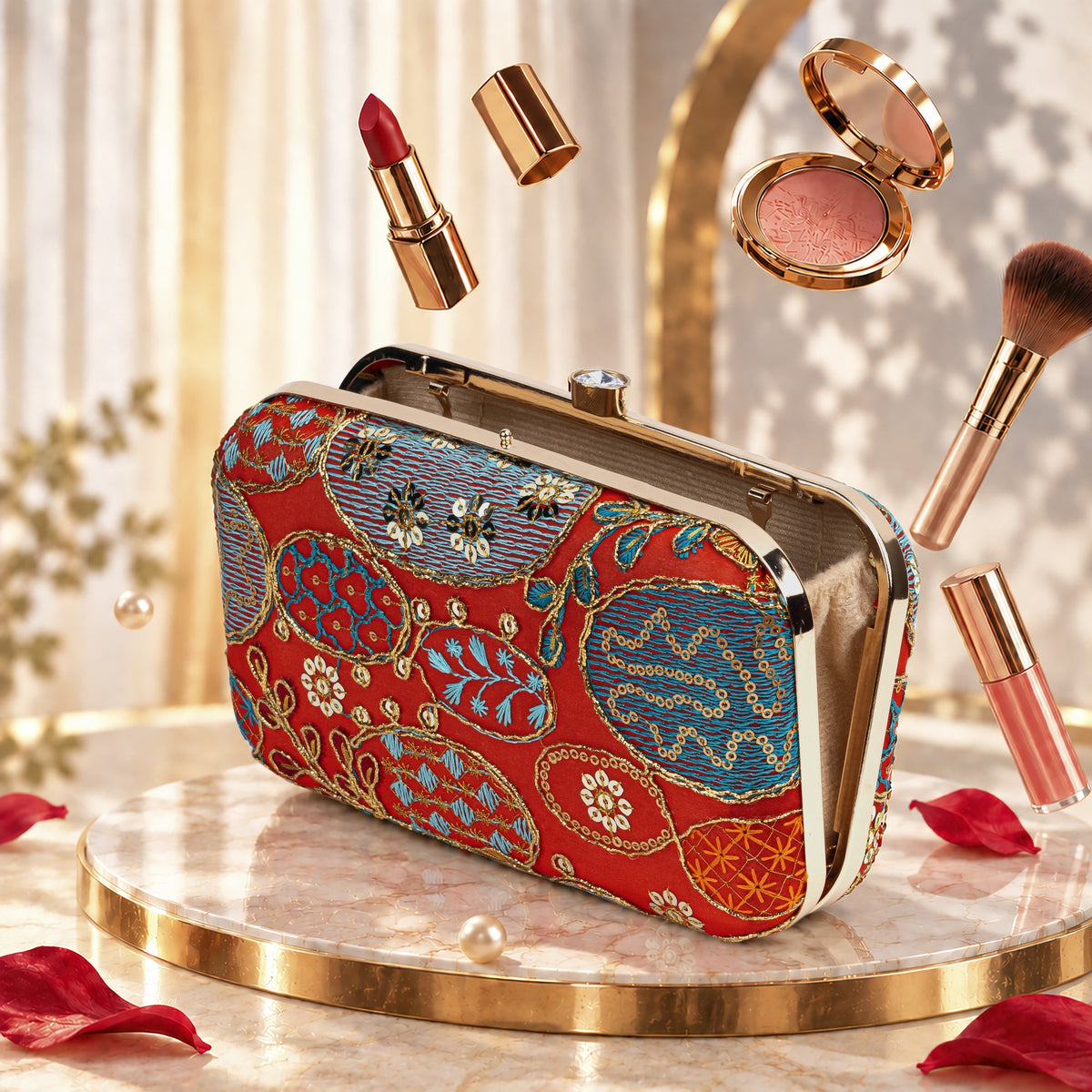 KarryQ Red Sequin Oval Embroidered Hard Case Box Clutch