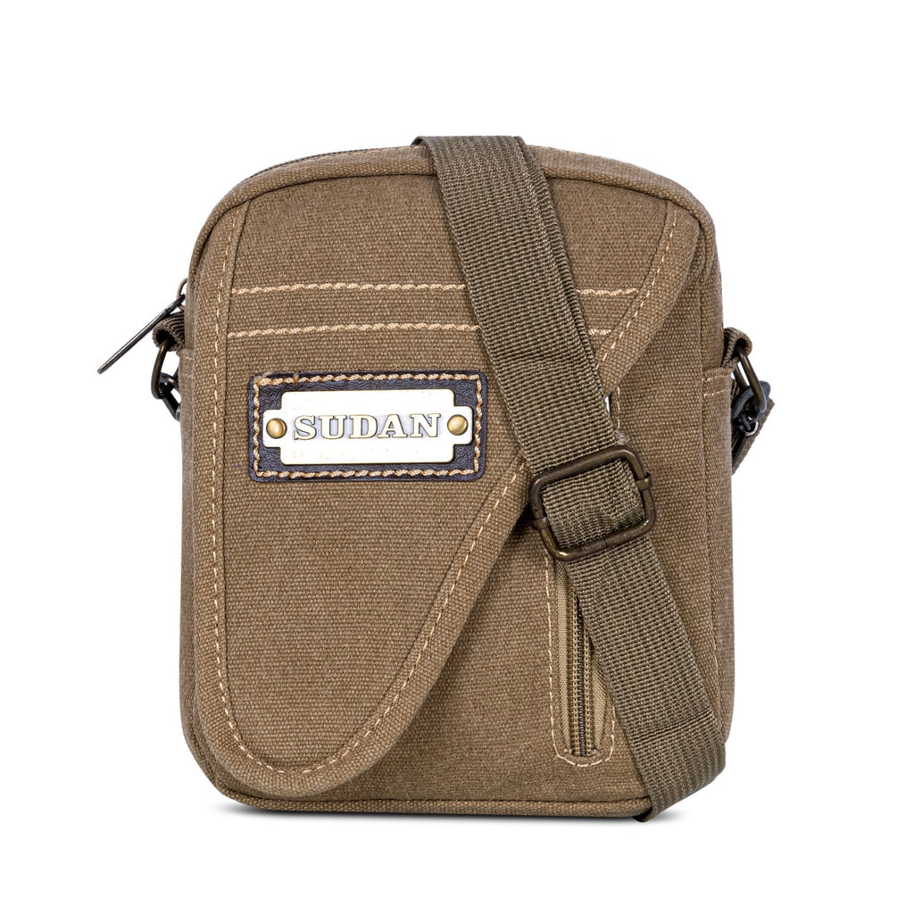 Sudan Premium Canvas Mini Sling Bag for Men | Compact Crossbody Pouch | Travel Side Bag with Adjustable Strap | Mobile Wallet Passport Organizer | Khaki