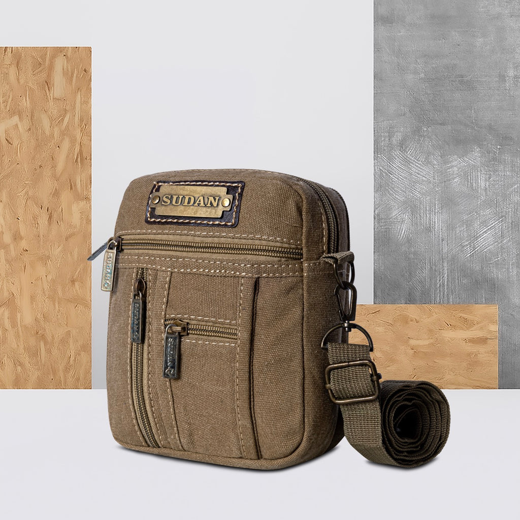 Sudan Premium Canvas Mini Sling Bag for Men | Multi Pocket Crossbody Side Bag | Travel Organizer Pouch | Mobile Wallet Passport Shoulder Bag | Khaki Brown