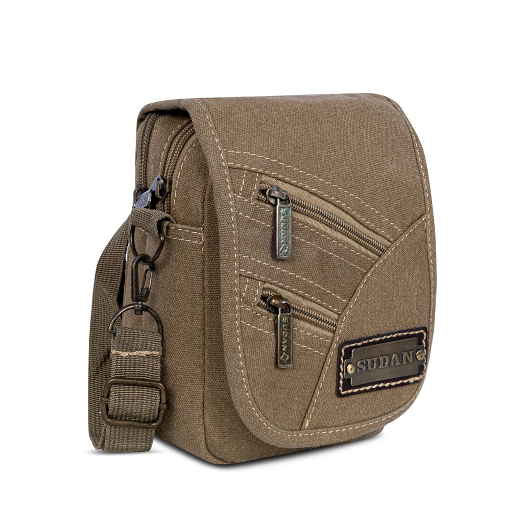 Sudan Premium Canvas Mini Sling Bag for Men | Compact Crossbody Side Pouch | Multi Pocket Travel Organizer | Mobile Wallet Passport Shoulder Bag | Khaki Brown