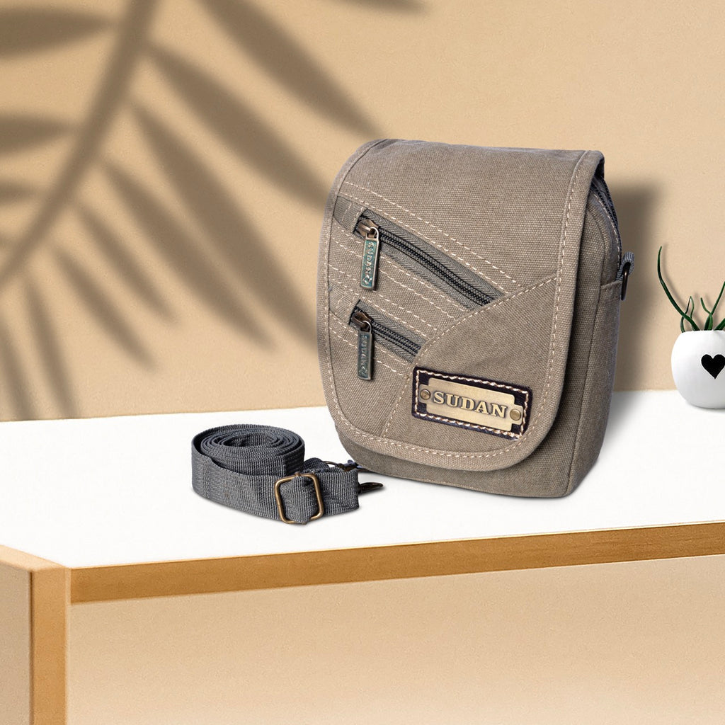 Sudan Premium Canvas Mini Sling Bag for Men | Multi Pocket Crossbody Side Pouch | Adjustable Shoulder Bag for Mobile, Wallet, Passport & Travel Essentials | Grey