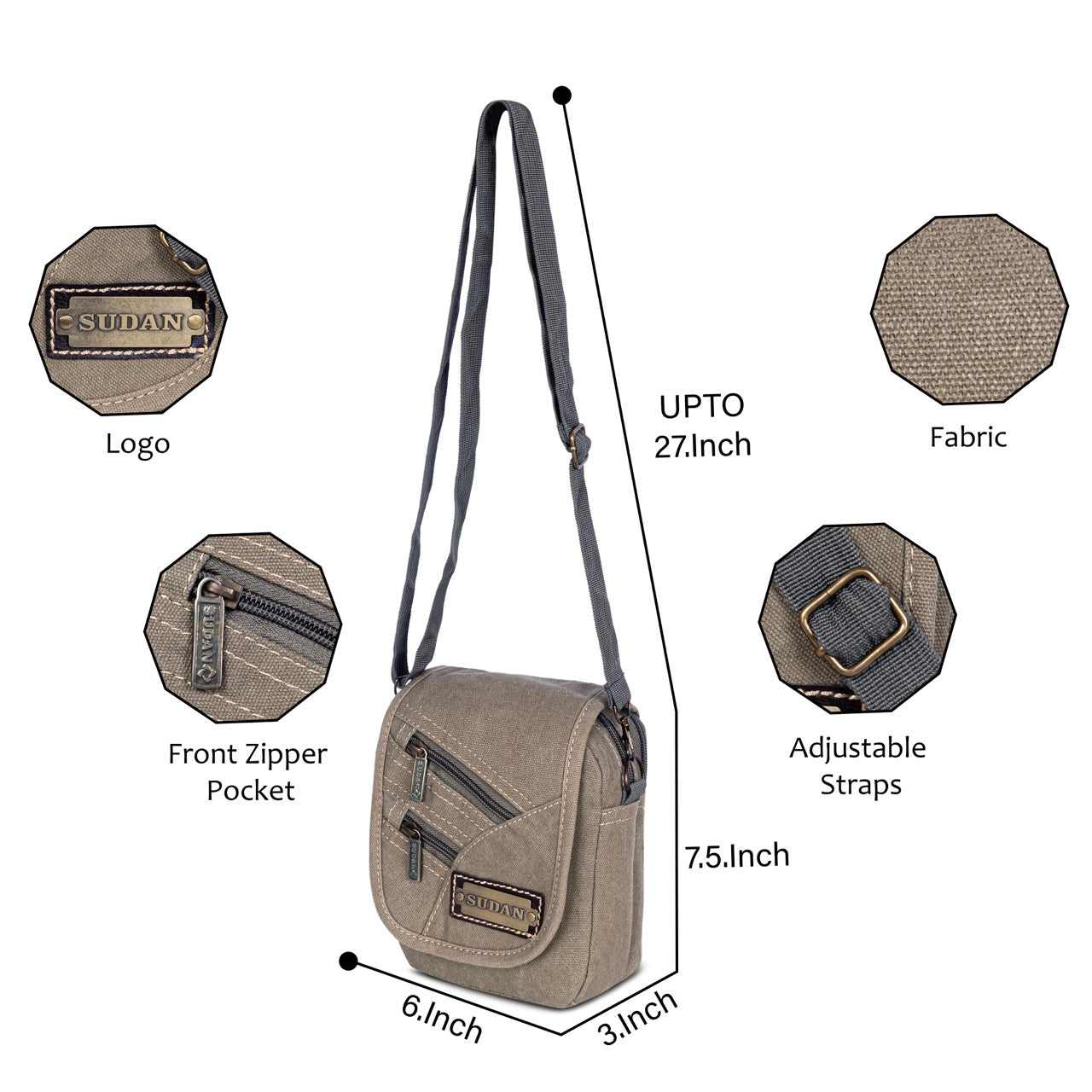 Sudan Premium Canvas Mini Sling Bag for Men | Multi Pocket Crossbody Side Pouch | Adjustable Shoulder Bag for Mobile, Wallet, Passport & Travel Essentials | Grey