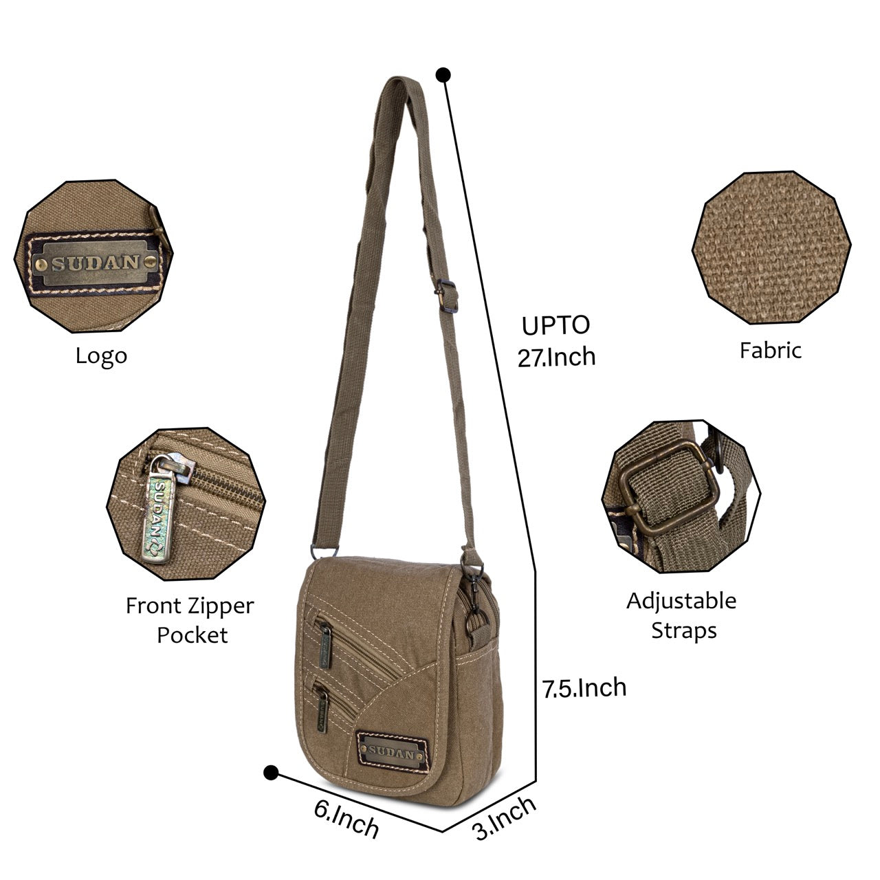 Sudan Premium Canvas Mini Sling Bag for Men | Compact Crossbody Side Pouch | Multi Pocket Travel Organizer | Mobile Wallet Passport Shoulder Bag | Khaki Brown