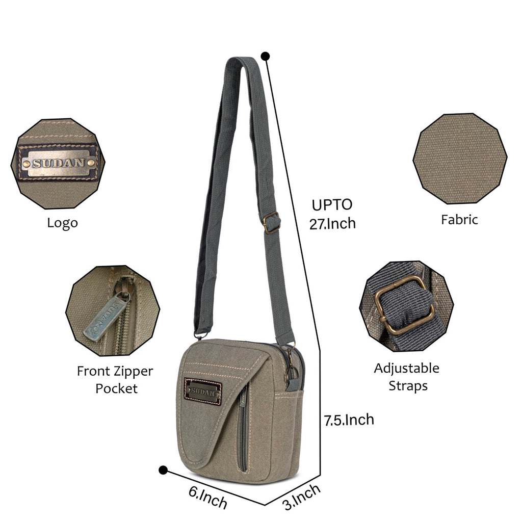 Sudan Premium Canvas Mini Sling Bag for Men | Compact Crossbody Side Pouch | Mobile Wallet Passport Travel Organizer | Adjustable Shoulder Bag | Grey